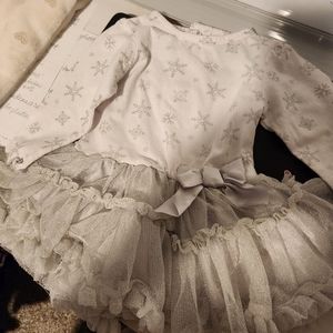 Baby Glam silver ruffled, long sleeve dress. Size 6 months.